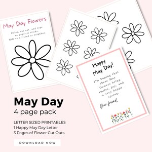Tarjeta del Primero de Mayo para niños Tamaño de carta imprimible con recortes de flores, Nota del Primero de Mayo, Actividad preescolar de primavera imprimible, Tarjeta de descarga instantánea