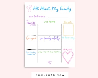 All About My Family Activity Page for Preschoolers or Kids Multicolor Printable, Family Coloring Page, PreK Homeschool Family Worksheet