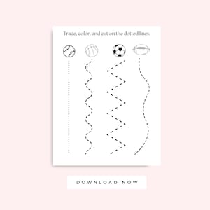 Preschool Scissor Skills Printable Worksheet Black and White Sports, Tracing and Cutting Practice Activity Page for Kids, Fine Motor Skills