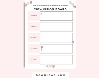 Vision Board Printable for Kids, Home Learning Activity, Kids Printable Vision Board, Kids Planner Page, Kids Goal Board, Pink with flowers
