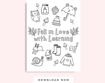 Fall in Love with Learning Printable, Fall themed coloring page for school, homeschool fall worksheet, Preschool Activity, Toddler Coloring