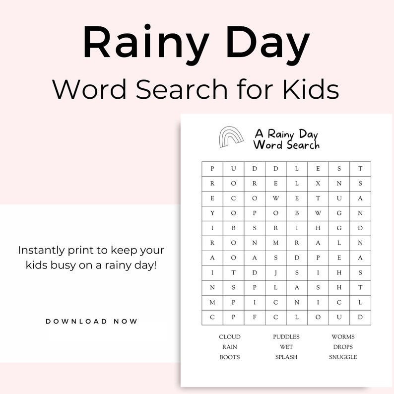 Rainy Day Word Search Printable for Kids Black and White Etsy