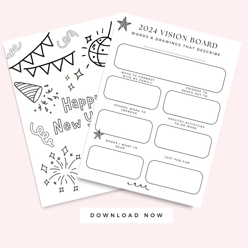 2024 Vision Board Printable for Kids, New Years Eve Coloring Page, New