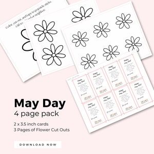 Cartes du 1er mai pour les enfants imprimables, 2 x 3,5 pouces avec découpes de fleurs, note du 1er mai, activité préscolaire printanière, carte de téléchargement instantané
