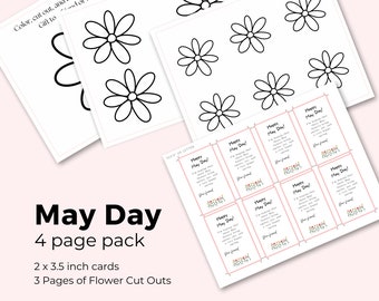 May Day Cards for Kids Printable, 2 x 3.5 inch with flower cutouts, May Day Note, Spring Preschool Activity Printable, Instant download Card