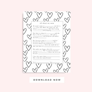 Carta del Día de la Madre de niños imprimible en blanco y negro, tarjeta de cumpleaños de mamá regalo imprimible, entrevista, coloración preescolar, descarga instantánea