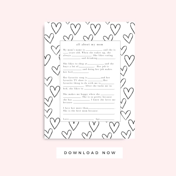 Mother's Day Letter from Kids Printable Black and White, Mom Birthday Card Printable Gift, Interview, Preschool Coloring, Instant download