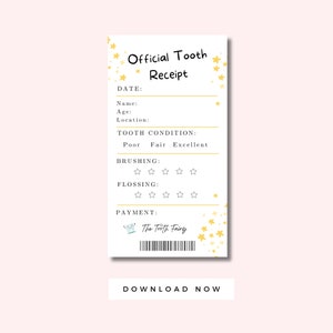 Recibo de Hada de los Dientes para niños imprimible, nota de Hada de los Dientes de 3,5 x 6,5, certificado de diente perdido para niños y niñas, carta de diente perdido estrella amarilla