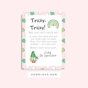 Carta de duende para crianças para impressão, cartão de armadilha de duende, atividade de trevo do dia de São Patrício, download instantâneo do dia de São Patrício, sorte