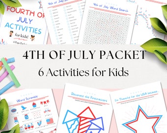 Fourth of July Printable Activities for Kids, America Independence Day 6 page Instant Download Worksheets for kids, Family 4th of July Games
