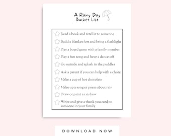 Regenachtige dag bucketlist afdrukbaar voor kinderen, Instant Download activiteitenpagina voor kinderen, regenachtige dagactiviteiten voor kinderen, zwart-wit afdrukbaar