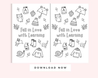 Fall in Love with Learning Printable, Fall themed coloring page for school, homeschool fall worksheet, Preschool Activity, Toddler Coloring