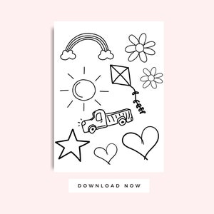 K&ouml;nnte beinhalten: Schwarz-wei&szlig;es Malbuch mit einem Regenbogen, einer Sonne, einem LKW, einem Drachen, Sternen, Herzen und Blumen. Der Text DOWNLOAD NOW befindet sich am unteren Rand der Seite.