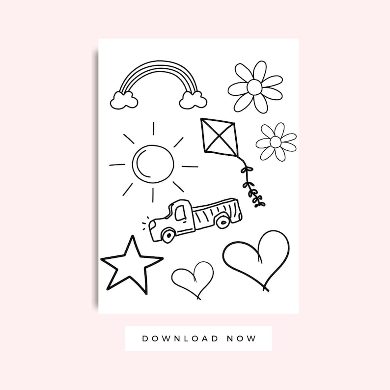 K&ouml;nnte beinhalten: Schwarz-wei&szlig;es Malbuch mit einem Regenbogen, einer Sonne, einem LKW, einem Drachen, Sternen, Herzen und Blumen. Der Text DOWNLOAD NOW befindet sich am unteren Rand der Seite.