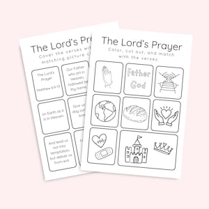 Può includere: Foglio di attività stampabile in bianco e nero con la preghiera del Signore. Il foglio include un gioco di abbinamento con versi della preghiera e immagini corrispondenti.