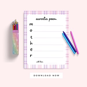 Carta de Dia das Mães de Crianças, Presente para Impressão de Cartão de Aniversário da Mãe, Modelo de Poema Acróstico da Mãe, Cartão de Lembrança do Dia das Mães, xadrez roxo
