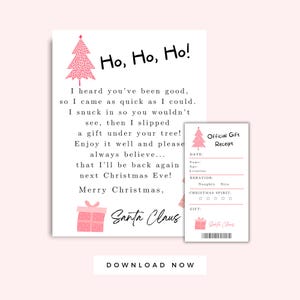 Carta de Papá Noel para niños imprimible, tarjeta imprimible con recibo de regalo de Papá Noel, etiqueta de regalo de Papá Noel de Navidad, carta de Papá Noel de Navidad rosa para niños, paquete de 2