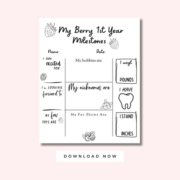 Berry First Birthday Coloring Page, Berry 1st Printable Milestone Board and Keepsake, Berry First Birthday Party Memories, One Year Old