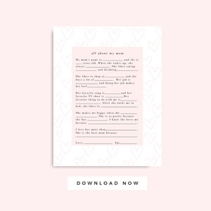 Carta de dia das mães de crianças para impressão, corações rosa e rosa, presente para impressão de cartão de dia das mães, entrevista, coloração pré-escolar, download instantâneo