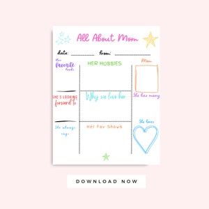 Cartão imprimível All About Mom multicolorido de 8,5 x 11 polegadas, carta do dia das mães das crianças, presente de aniversário da mãe, download instantâneo de atividades infantis