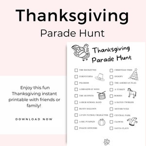 Thanksgiving Parade Scavenger Hunt, Printable Thanksgiving Kid Activity, Thanksgiving Activity for Families, black and white half sheet