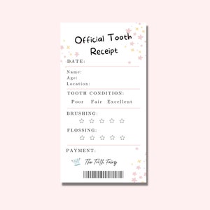 Recibo del Hada de los Dientes para niños imprimible, nota del Hada de los Dientes, certificado de diente perdido para niños y niñas, carta de diente perdido, descarga instantánea