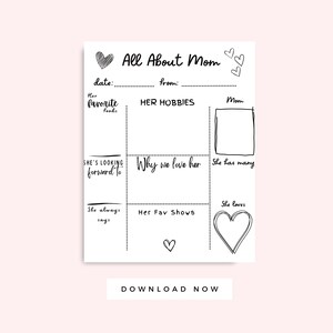 Alles über Mama schwarz weiß druckbare Karte, Muttertagsbrief von Kindern, Geburtstag druckbares Geschenk, Vorschule Färbung, Sofortiger download
