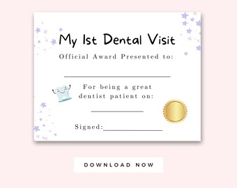 Attestation officielle de ma première visite chez le dentiste imprimable, lettre de récompense du premier dentiste pour enfants, dents saines, étoiles de lavande, santé dentaire