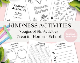May include: A printable pack of five kindness activities for kids. The pack includes a bingo board, word search, acrostic poem, and two drawing activities. The activities are great for home or school.