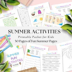 Puede incluir: Un conjunto de páginas imprimibles de actividades de verano para niños. Las páginas incluyen laberintos, ejercicios de conteo, fonética y juegos de palabras. El título "Summer Activities" se muestra, junto con la frase "Printable Packet for Kids".