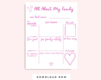 Tutto sulla mia famiglia Pagina di attività per bambini in età prescolare Rosa, Pagina da colorare per bambini, Foglio di lavoro per famiglie PreK Homeschool stampabile istantaneamente
