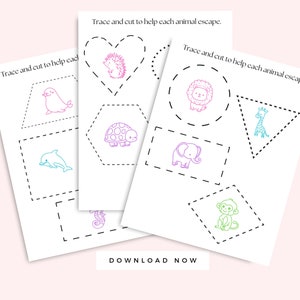 May include: Printable activity sheet with instructions to trace and cut out various animals, including a seal, turtle, hedgehog, lion, elephant, giraffe, monkey, dolphin, and seahorse. The animals are drawn in different colors.