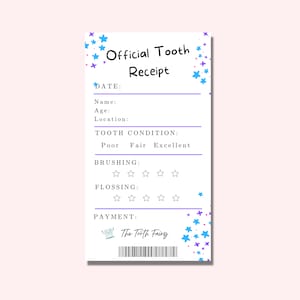 Recibo de Hada de los Dientes para niños imprimible, 3.5 x 6.5'' Estrellas brillantes Nota de Hada de los Dientes, Certificado de Diente Perdido, Carta de Diente Perdido Niños y Niñas