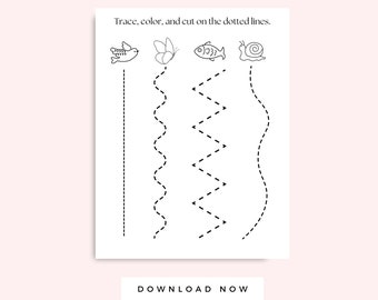 Preschool Scissor Skills Printable Worksheet Black and White Animals, Tracing and Cutting Practice Activity Page for Kids, Fine Motor Skills