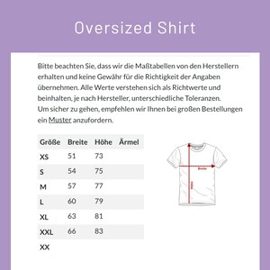May include: Size chart for an oversized shirt in various sizes, including XS, S, M, L, XL, XXL, and XX. The chart shows the width, height, and sleeve length in centimetres for each size.