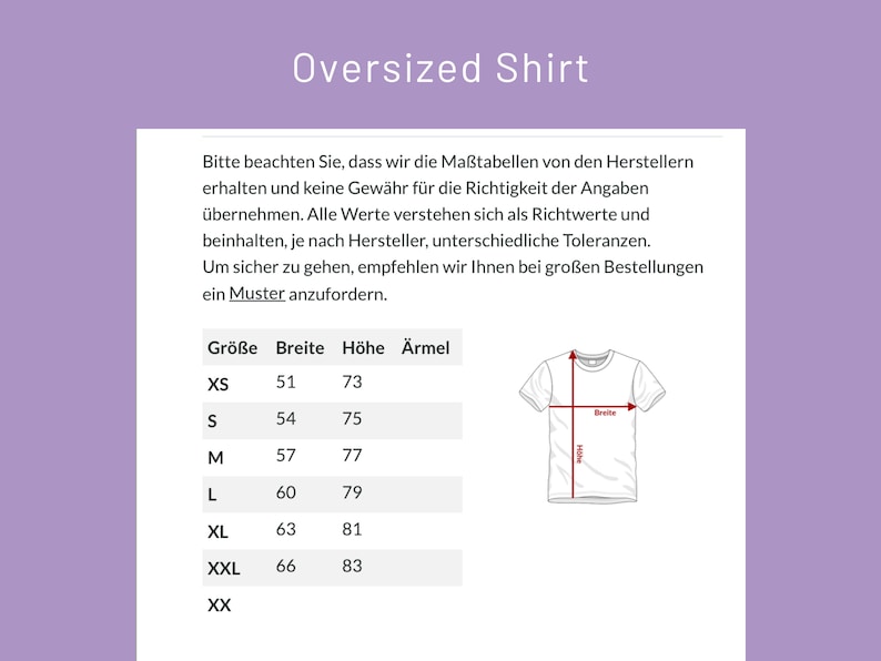 May include: Size chart for an oversized shirt in various sizes, including XS, S, M, L, XL, XXL, and XX. The chart shows the width, height, and sleeve length in centimetres for each size.