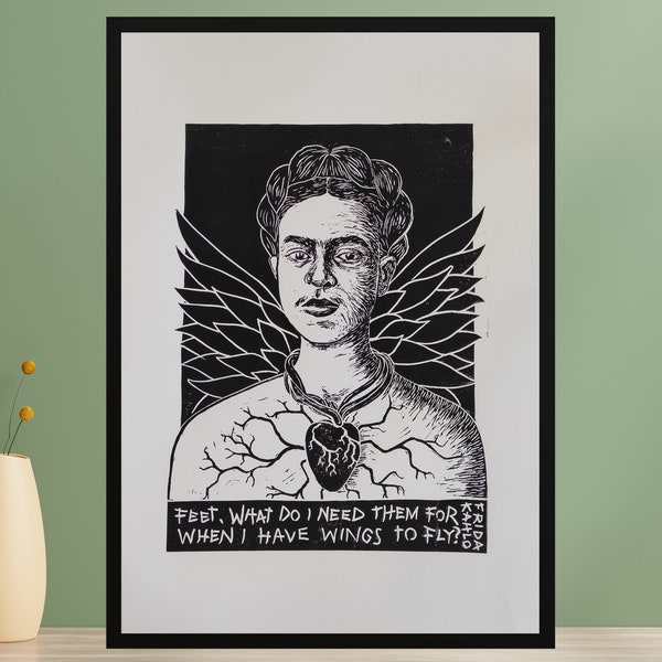 Frida Kahlo Linoldruck - handgedruckter Art Print mit inspirierendem Frida Kahlo Zitat