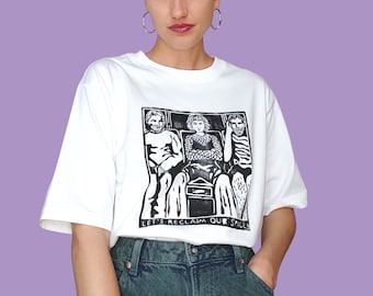 Hand-printed manspreading T-shirt “Reclaim our space” made from 100% organic cotton - Feminist Shirt