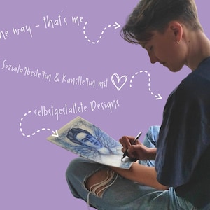 May include: A person sitting and drawing on a piece of paper. The paper has a drawing of a person with wings. The text on the image reads "by the way - that's me. Sozialarbeiterin & K&uuml;nstlerin mit selbstgestaltete Designs."