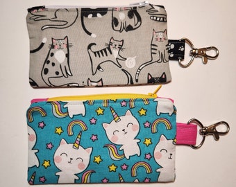 Cat themed zippered coin purse with lobster clasp