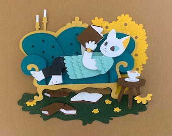 Cat Reading SVG | Fairycore SVG | Dark Academia Cottagecore svg | Shadow Box Template | Craft project for adults | 3D Puzzle | Cozy svg