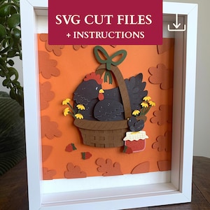 Caja de sombras de pollo SVG / Archivos de corte SVG de pollo para proyectos de manualidades de papel para adultos / Plantilla de caja de sombras de otoño / Animal de granja SVG
