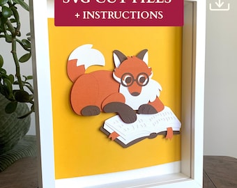 Fox SVG | Reading SVG | Booklover svg | Shadow box template | Fox Craft | Teen Craft Kit | Papercut Files | Cottagecore svg | Card stock svg