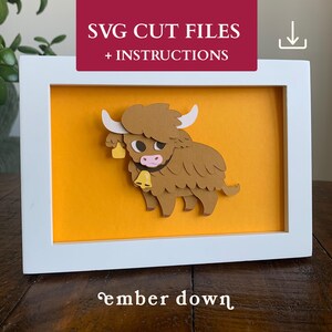 Highland Cow SVG & EPS / Modello Shadow Box / Progetto artigianale per adulti / Cottagecore SVG / Fattoria SVG / Scultura di carta