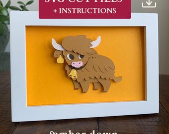 Highland Cow SVG & EPS | Shadow Box Template | Craft project for adults | Cottagecore svg | Farm svg | Paper Sculpture