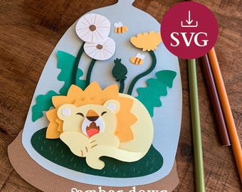Dandelion Terrarium SVG | Cute Lion SVG | Shadow Box Template | Lion Baby Shower | Paper 3D Puzzle | Adult Craft Kit | 3D Layered svg