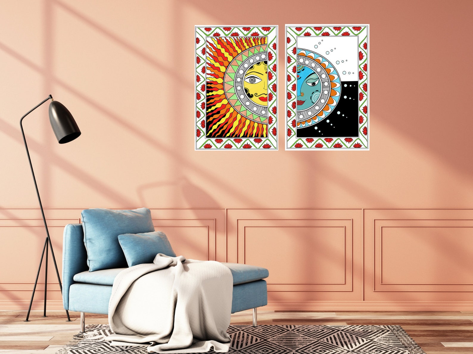 Sun Moon Madhubani Paintingindian Folk Art Living Room Etsy