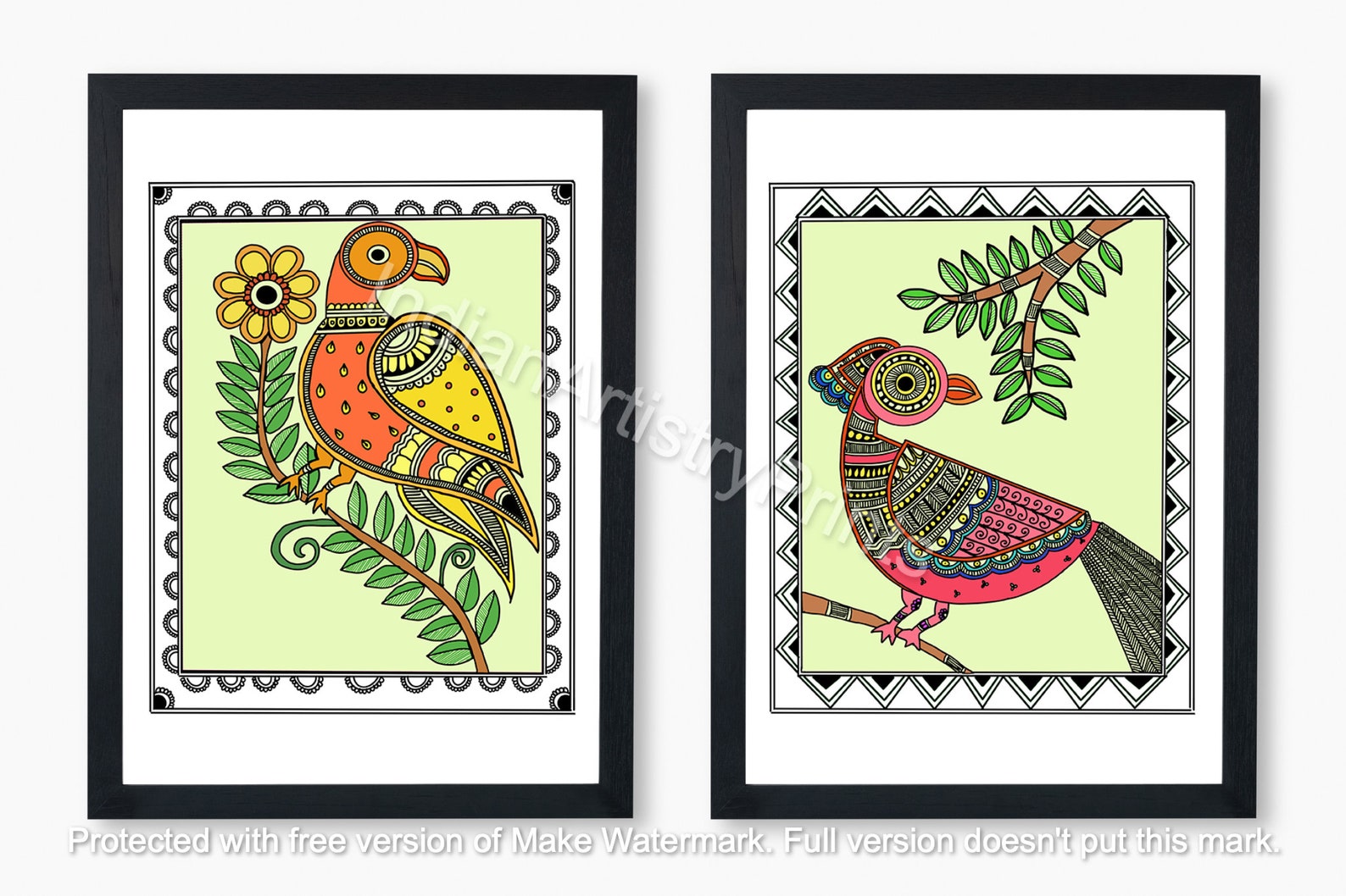 Set of 4 Madhubani Birds Madhubani Wall Art Indian Folk Art Etsy