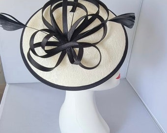 Cream  with Black  colour Fascinator with Feathers, Headband and Clip For Wedding,Royal ascot,Races