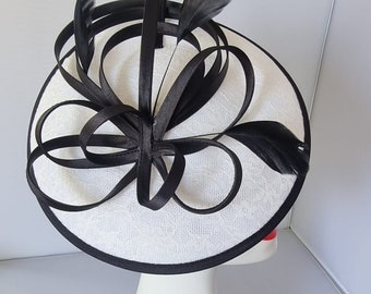 White with Black  colour Fascinator with Feathers, Headband and Clip For Wedding,Royal ascot,Races